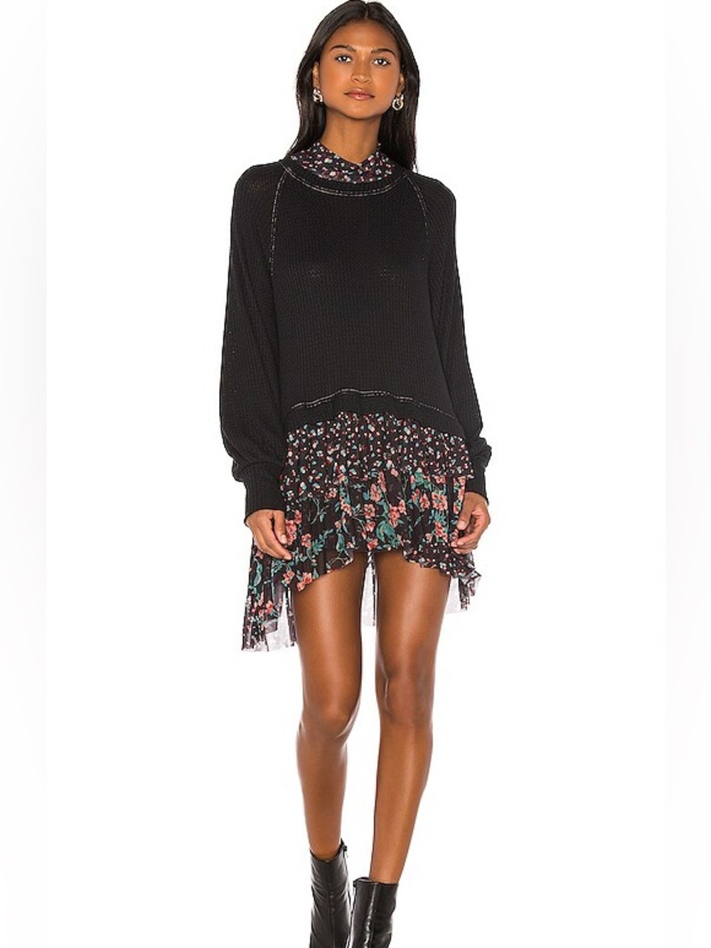 Free People Opposites Attract Mini Dress size Small Long Sleeve Black Flowy Flor